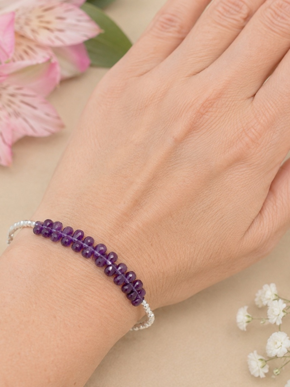 New Handcrafted Natural Amethyst Bracelet Sterling Silver Karen Hill Tribe Beads - Picture 2 of 6